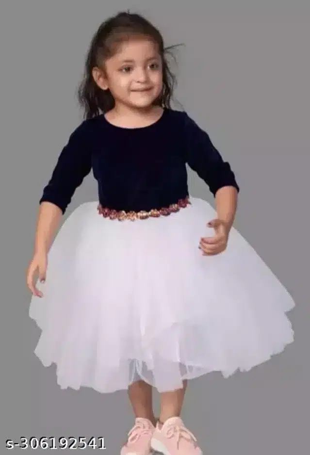Net Half Sleeves Dress for Girls (Navy Blue & White, 1-2 Years)
