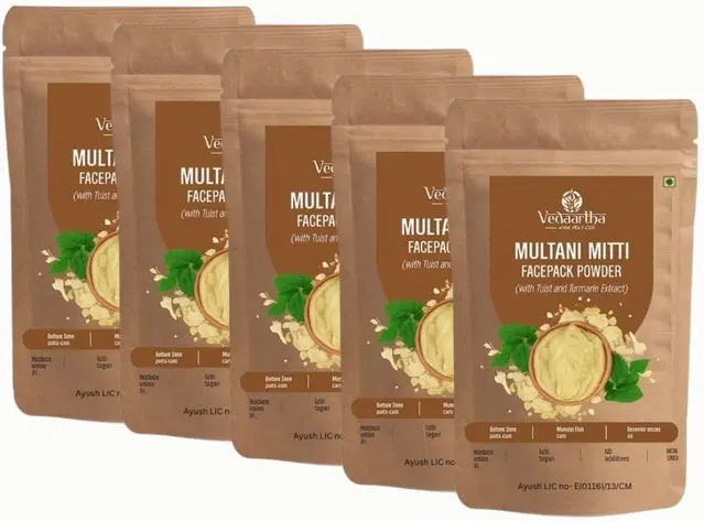 Vedaartha Multani Mitti Face Pack Powder with Tulsi & Turmeric, Pack of 5 (100 g)