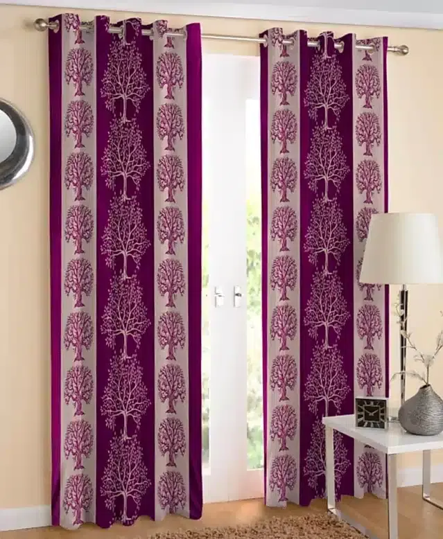 Polyester Printed Window & Door Curtains, Pack of 2, Wine, 5 feet