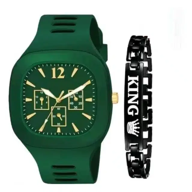 Analog Watch & Bracelet for Men, Pack of 2 (Green & Black)