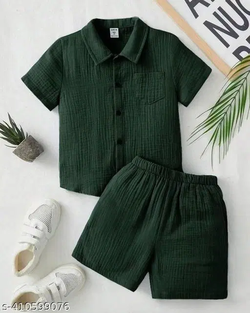 Cotton Spandex Shirt and Short Set for Boys (Green, 1-2 Years)