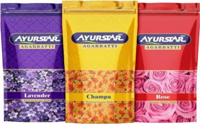 Ayurstar Agarbatti Ziplock | Premium Incense Sticks for Pooja | Pack of 3 - Lavendar, Rose, Champa, 330, Set of 3