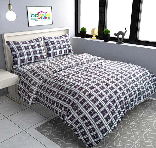 Morado Fleece Checkered Double Bedsheet With Two Pillow Covers, Grey, OW-37