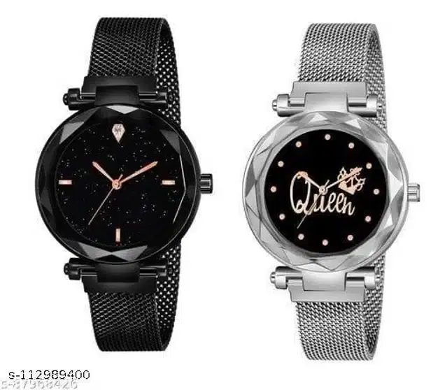 Analog Watch for Women, Set of 2 (Silver & Black)