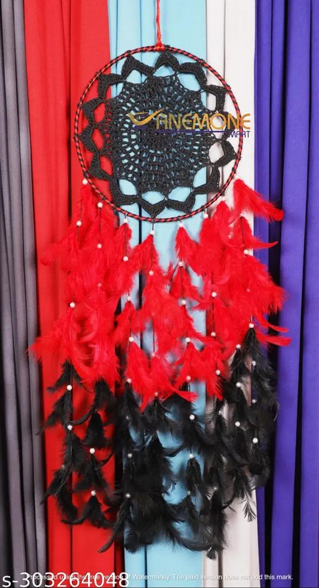 Feather Wall Hanging Dream Catcher, Red & Black