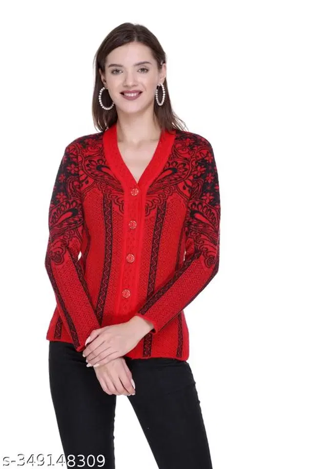 Woolen Sweater for Women (Red & Black, M)
