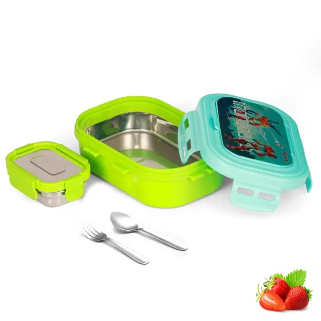 Stainless Steel Insulated 2 Containers Lunch Box with, 2 Pcs Spoons for Kids, 1x600 ml, 1x150 ml, Green, Set of 1