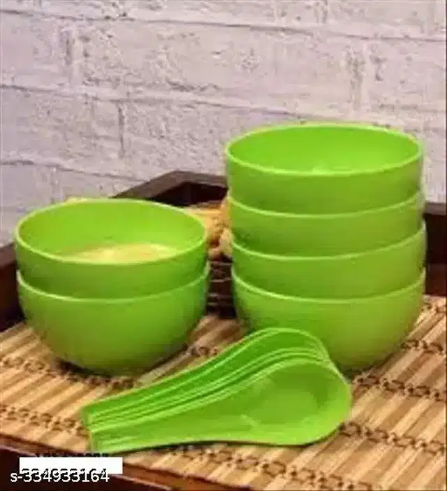 Plastic 6 Pcs Bowls, 250 ml with 6 Pcs Spoons, Green, Set of 2
