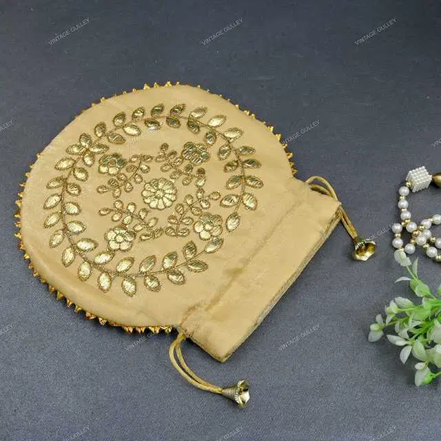 Cotton Silk Ethnic & Traditional Handheld Potli for Women, Gold, A-43