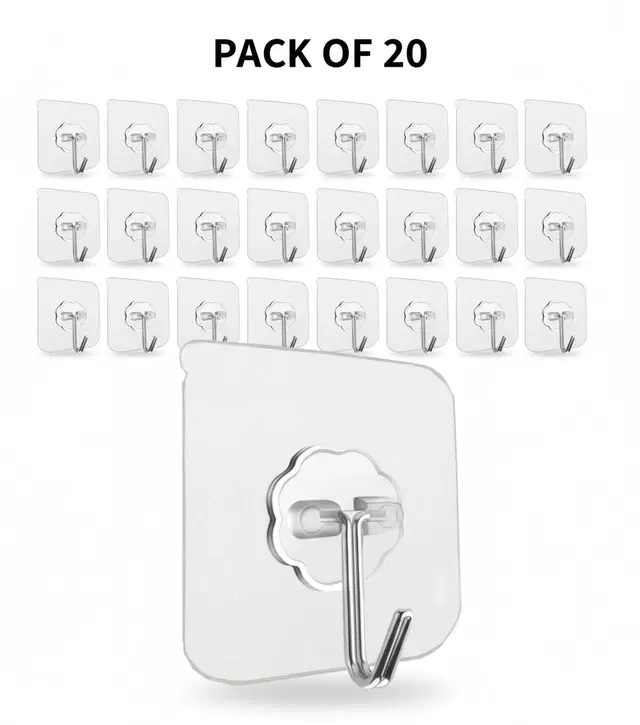 Plastic Wall Hooks, Transparent (Pack of 20)