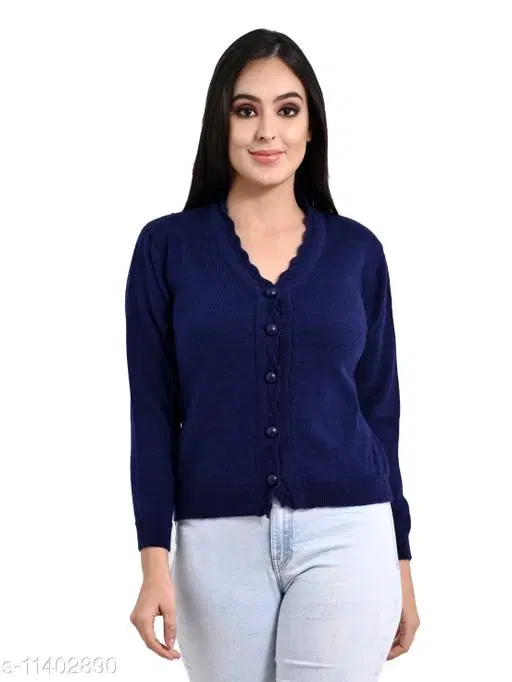 Acrylic Solid Sweater for Women (Navy Blue, L)