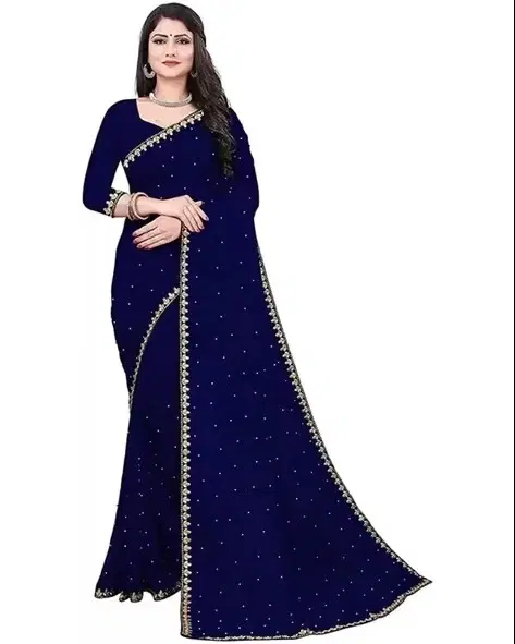 Lycra Blend Solid Saree for Women (Navy Blue, 6.3 m)