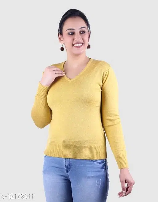 Acrylic Solid Sweater for Women (Yellow, M)