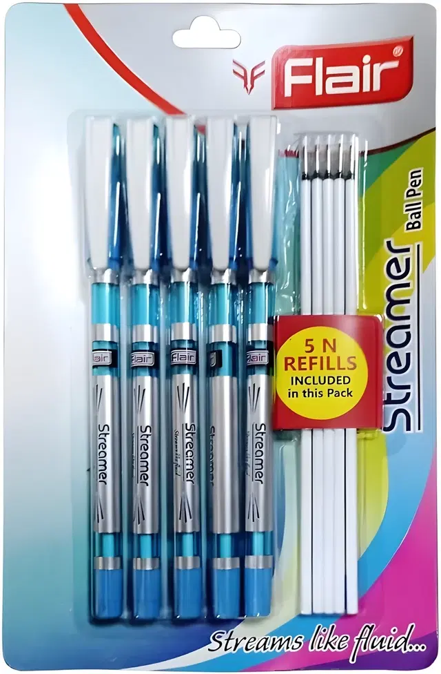 Streamer 5 Pcs Ball Pens with 5 Reffils, Blue