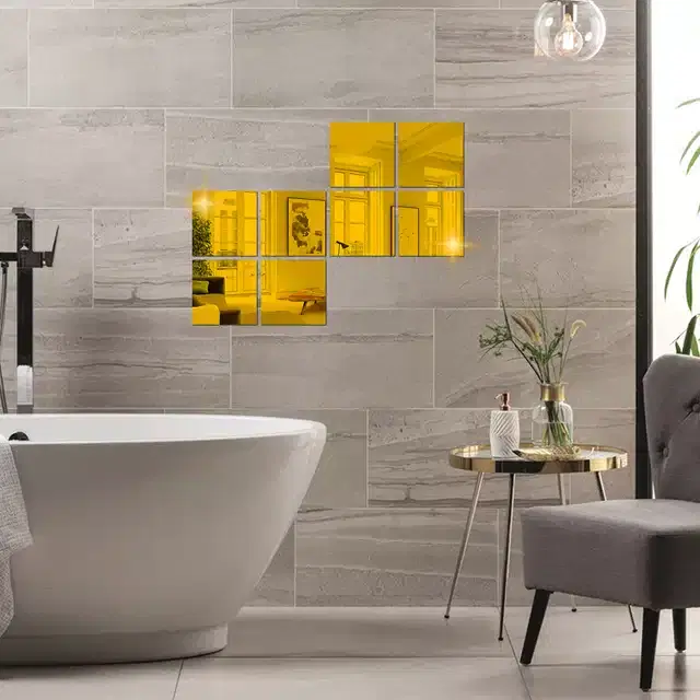 Acrylic Square Shaped Wall Mirror Stickers, Gold, Pack of 8