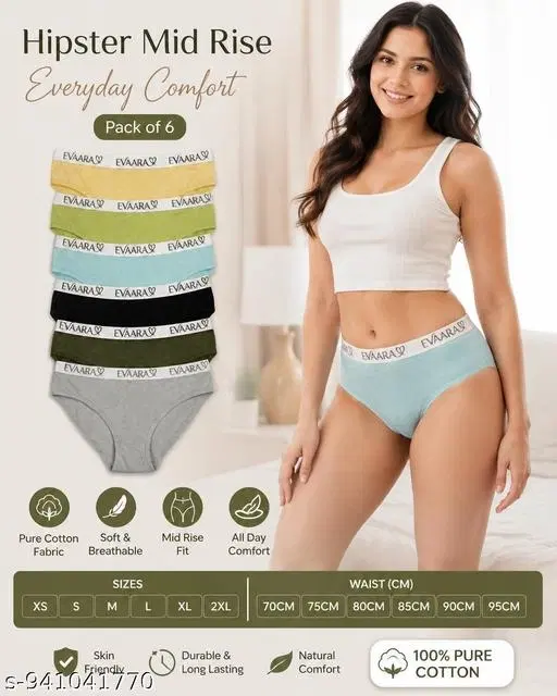 Evaara Printed Hipster Briefs for Women, Pack of 6 (Multicolor, XS)