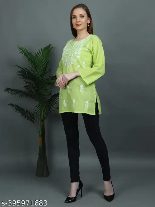 Cotton Chikankari Short Kurti for Women, Green (XXL)