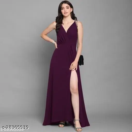 Crepe Solid Dress for Women, Purple (M)