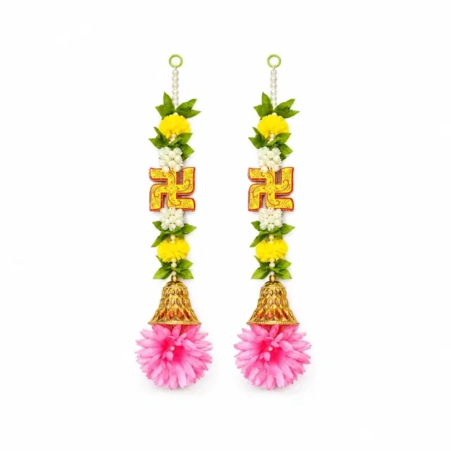 Traditional Swastik And Marigold Door Side Hanging Latkan, Set Of 2