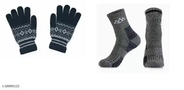 Woolen Hand Gloves with Socks for Women, Set of 2 (Dark Blue & Grey)
