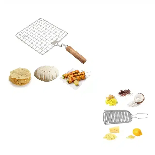 Stainless Steel Cheese Grater & Square Steel Wire Roaster, Combo of 2