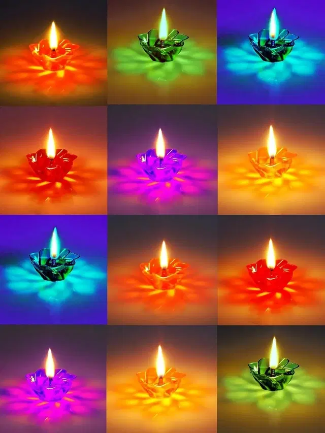 Plastic 3D Shadow Reflection Floating Diwali Diyas, Multicolor, Pack of 12