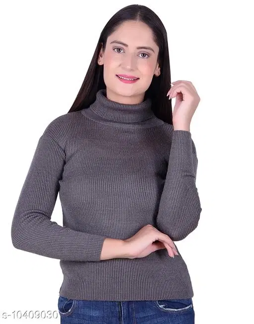 Hi-Neck Sweater for Women (Grey, M)