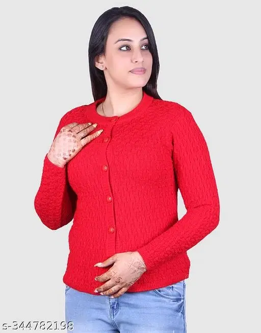 Acrylic Solid Sweater for Women (Red, L)