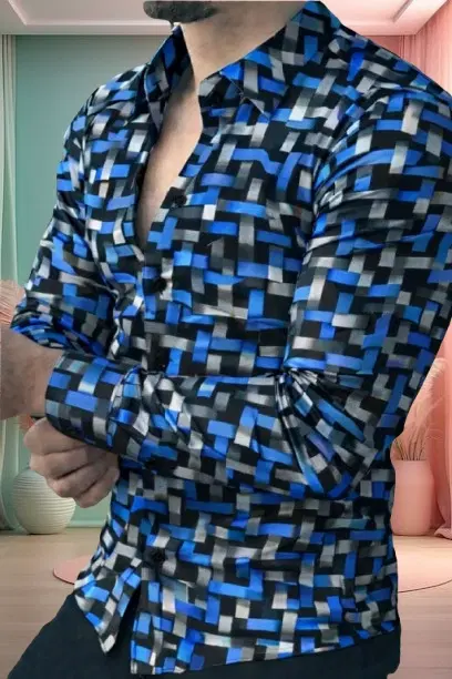 Printed Casual Shirts for Men (Blue, S)