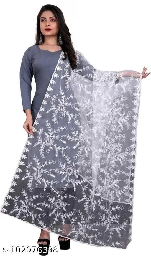 Embroidered Net Dupatta for Women (White, Free Size)