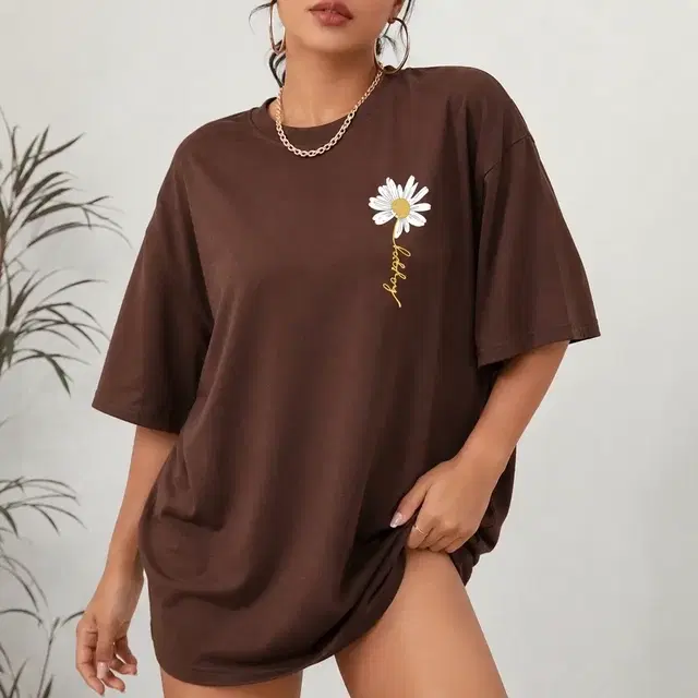 Typography Print Oversized Round Neck Women's T-shirts Brown Poly Blend, XL