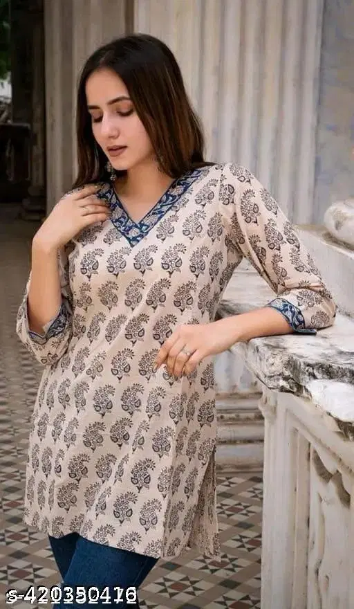 Cotton Printed Short Kurti for Women, Cream (XXL)