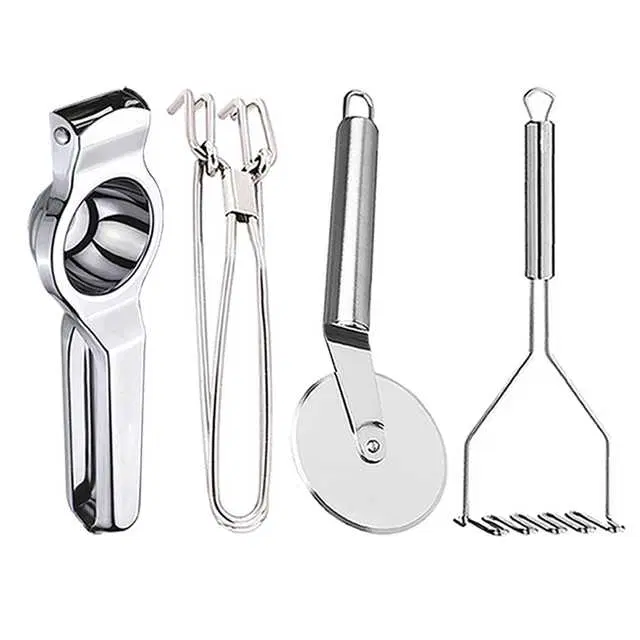 Stainless Steel Lemon Squeezer & Pakkad & Pizza Cutter & Potato Masher For Kitchen, Set of 4, OC-060