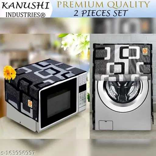KANUSHI Industries® Microwave / Oven Top Cover With 4 Utility Pockets + 1 Pc Front Load Automatic Washing Machine Cover(Color : Black)(MICRO+WASMAC-FRONT-BLACK-BOX)