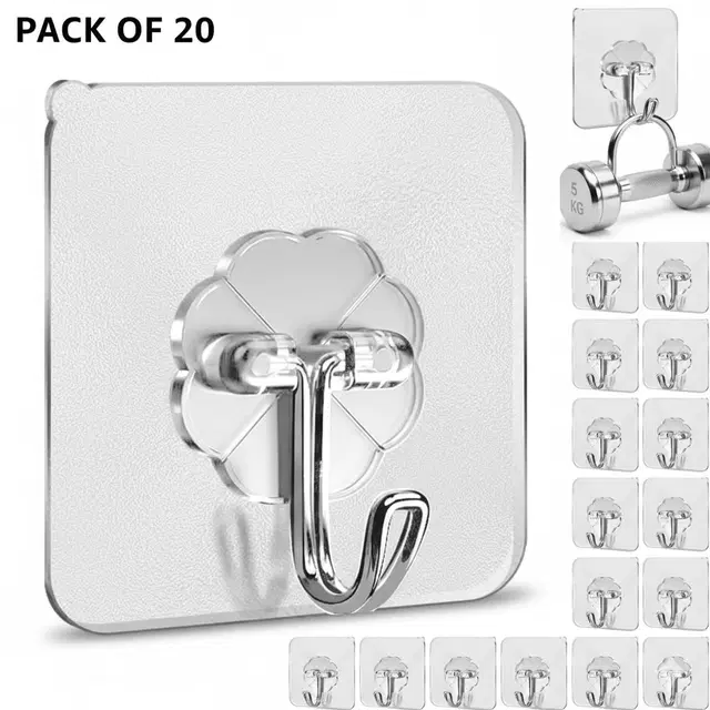 Plastic Wall Hooks, Transparent (Pack of 20)