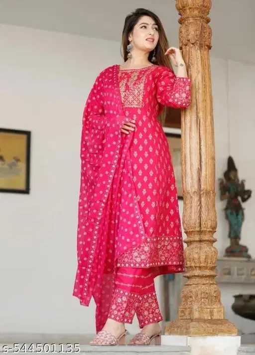 Rayon Embroidered Kurti with Pant & Dupatta Set for Women, Pink (XL)