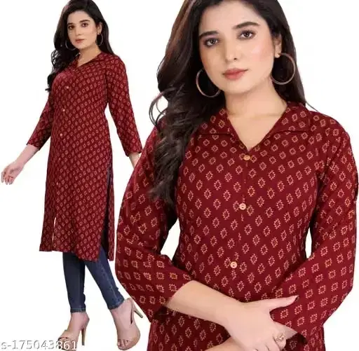 Printed Rayon Kurti for Women (Maroon, M)