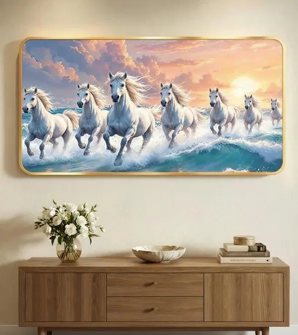 Kc Arts Uv Coated Landscape Running Horses Wall Hanging 12x24in