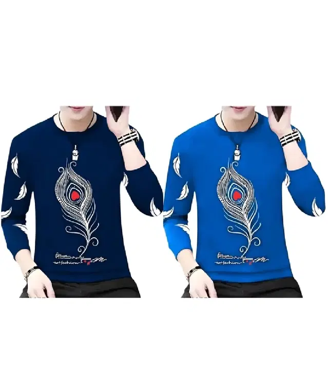 Round Neck Printed T-Shirt for Men, Pack of 2 (Blue, L)