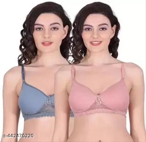 Polycotton Solid Bra for Women & Girls, Pink & Blue, Pack of 2 (34B)