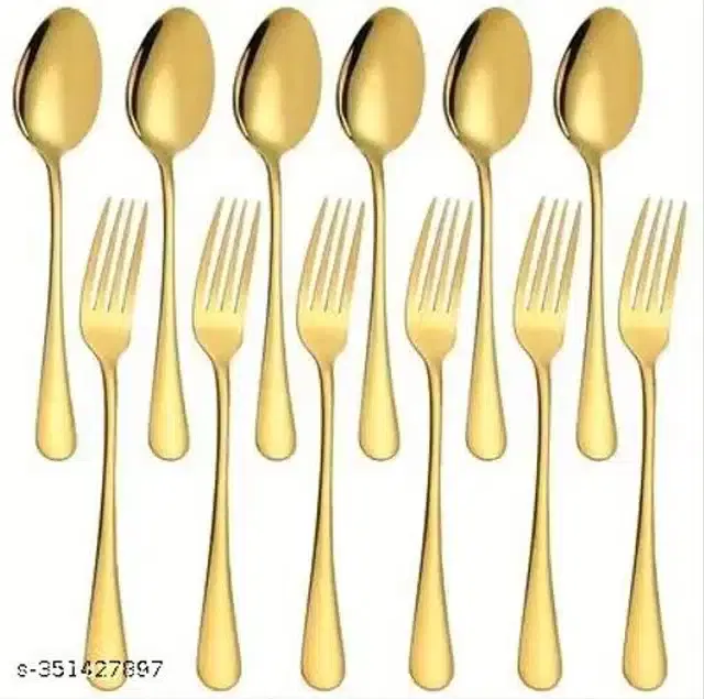 Stainless Steel 6 Pcs Spoons with 6 Pcs Forks, Golden, Set of 2