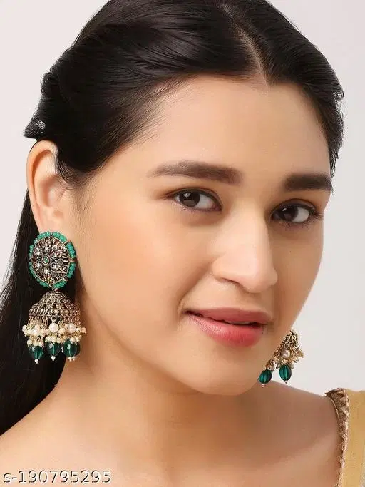 HighGold oxidised Green Bandhai Crystal Pearl Premium Jhumkha for Women (Green, Free Size)