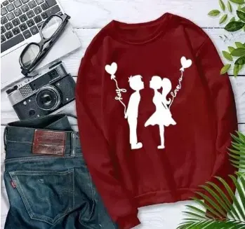 Round Neck Printed Sweatshirt for Women (Maroon, M)