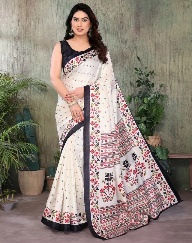 Art Silk Saree for Women, Kalamkari (Black, Free Size)