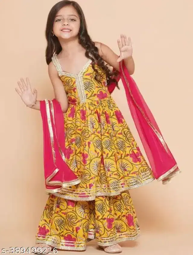 Rayon Printed Kurti with Dupatta & Sharara for Girls (Yellow & Pink, 5-6 Years)