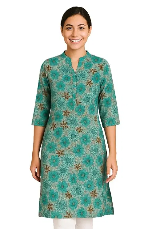 Cotton Blend Printed Kurti for Women, Teal (L)