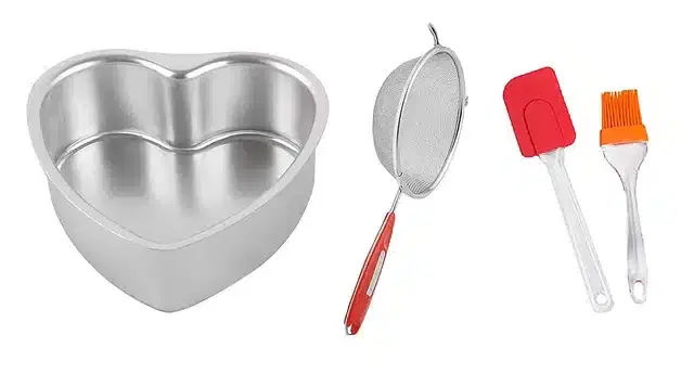 Aluminium Cake Mould with Stainless Steel Soup Strainer & Silicone Spatula Set, Pack of 4, Multicolor