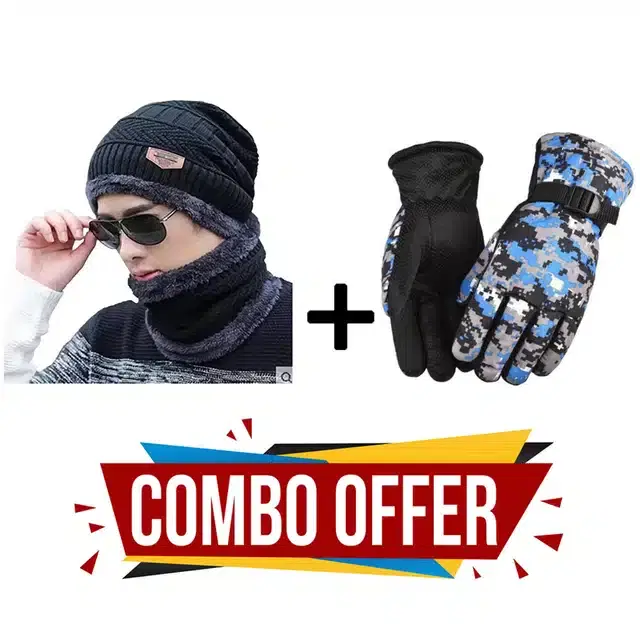 Beanie Cap with Neck Warmer & Gloves for Unisex, Set of 3 (Multicolor)
