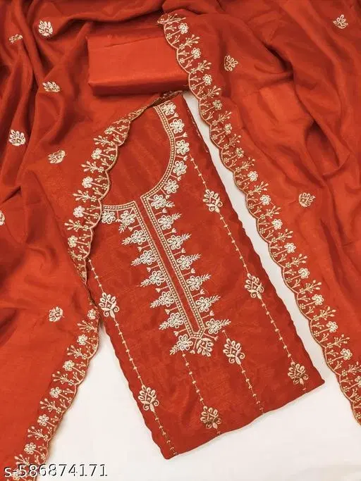 Embroidered Punjabi/All Over Suits Semi-Stitched Suits (Orange, 7.05 meter for Women (4XL)
