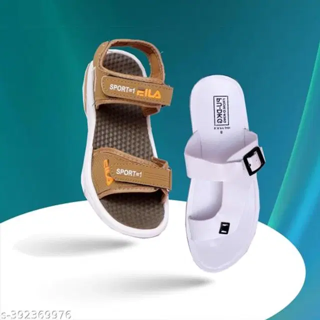 Floaters with Flipflops for Men, Pack of 2 (Tan & White, 7)